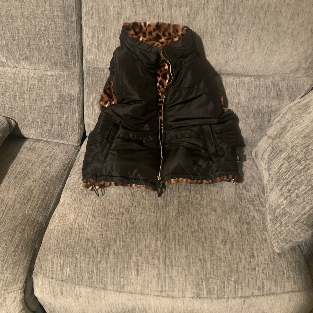 New! Reversible Black Puffer Vest with Leopard Print Lining